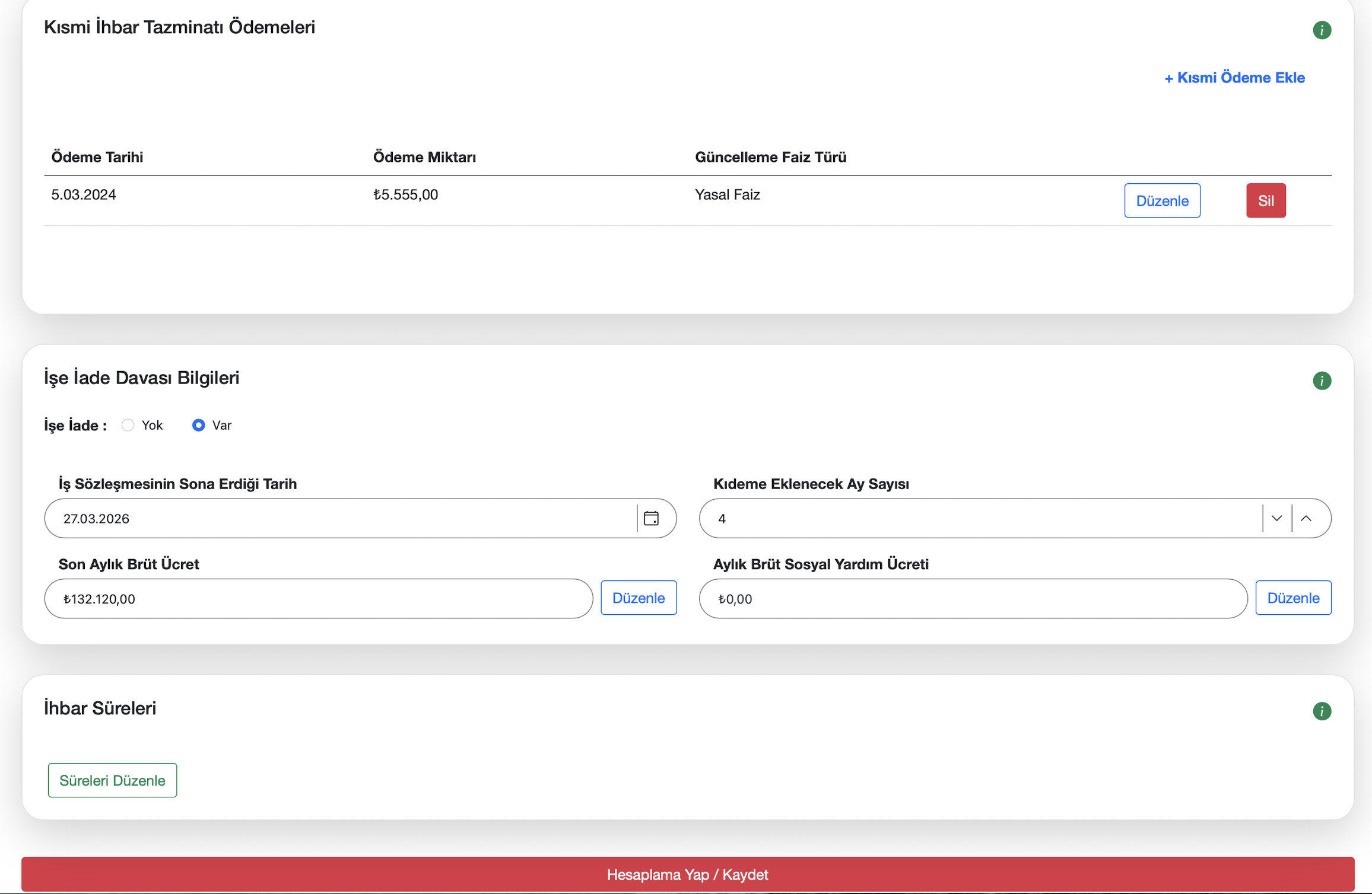 İhbar tazminatı ek bilgiler ekranı