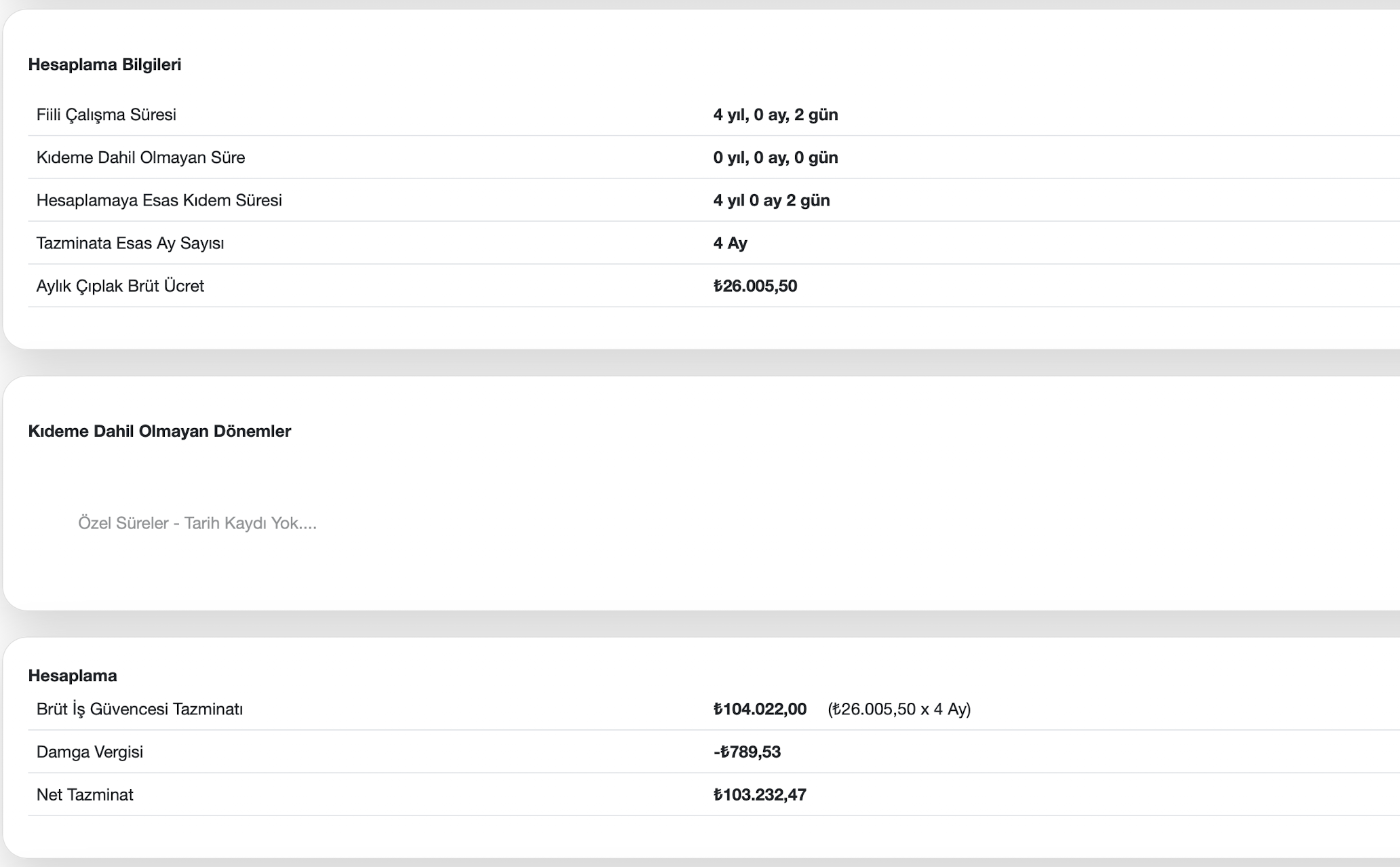 İş güvencesi tazminatı sonuç ekranı