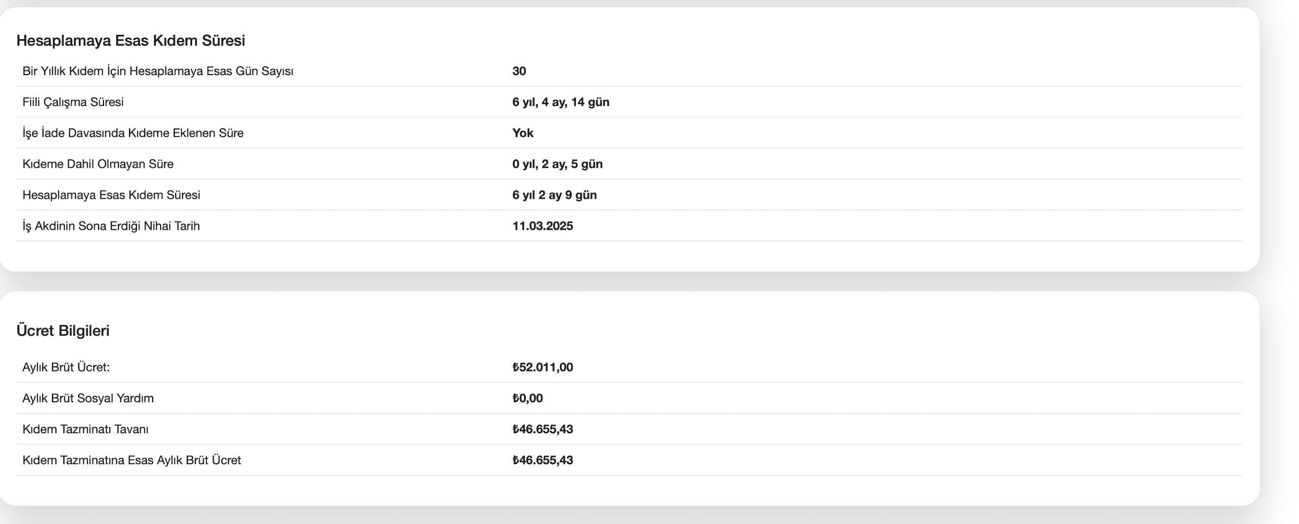 Kıdem tazminatı ücret ve hesap detayı ekranı