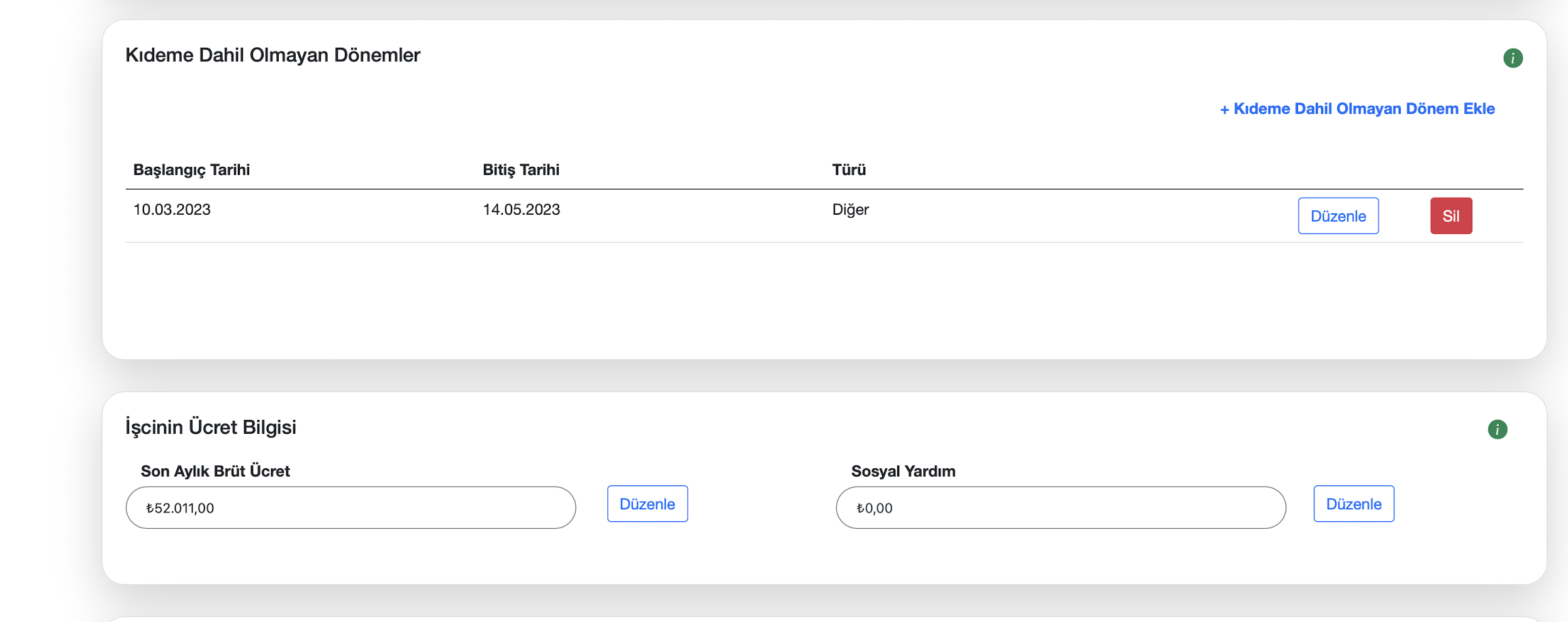 Kıdem tazminatı genel bilgiler detay ekranı