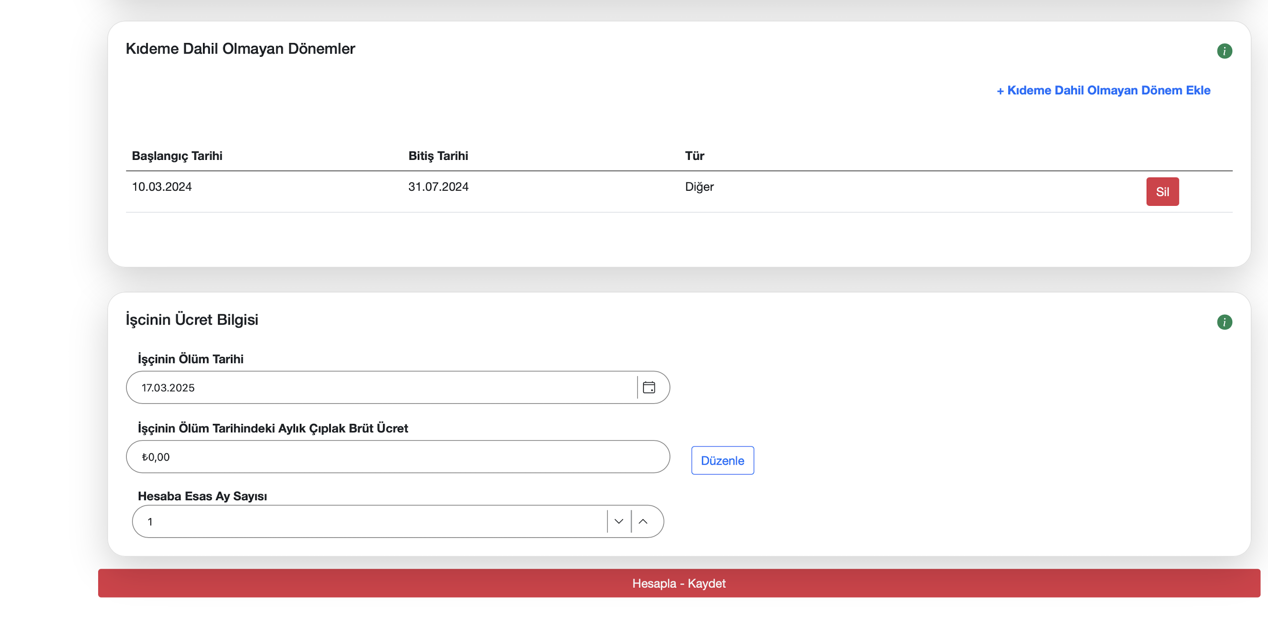 Ölüm tazminatı hesap girişi ekranı