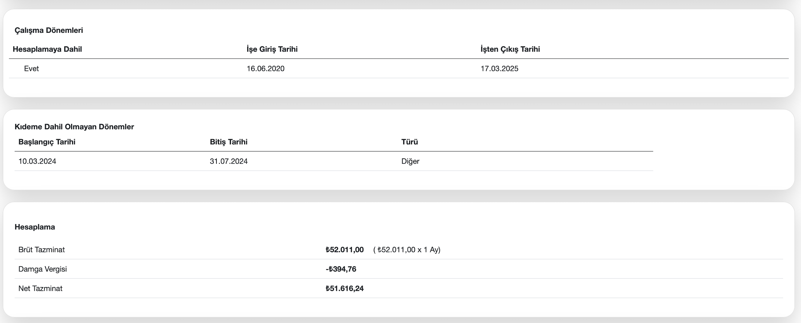 Ölüm tazminatı sonuç ekranı
