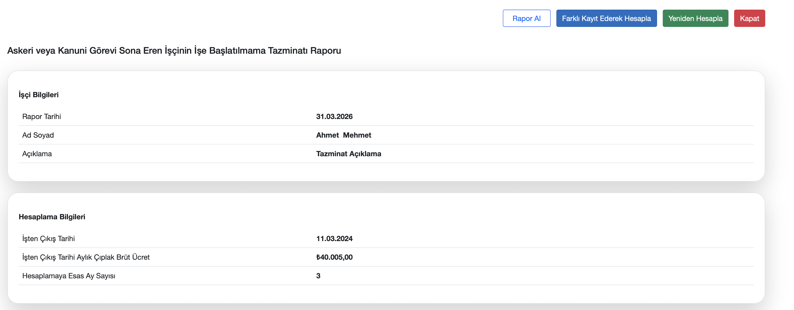 Asker dönüşü rapor ekranı