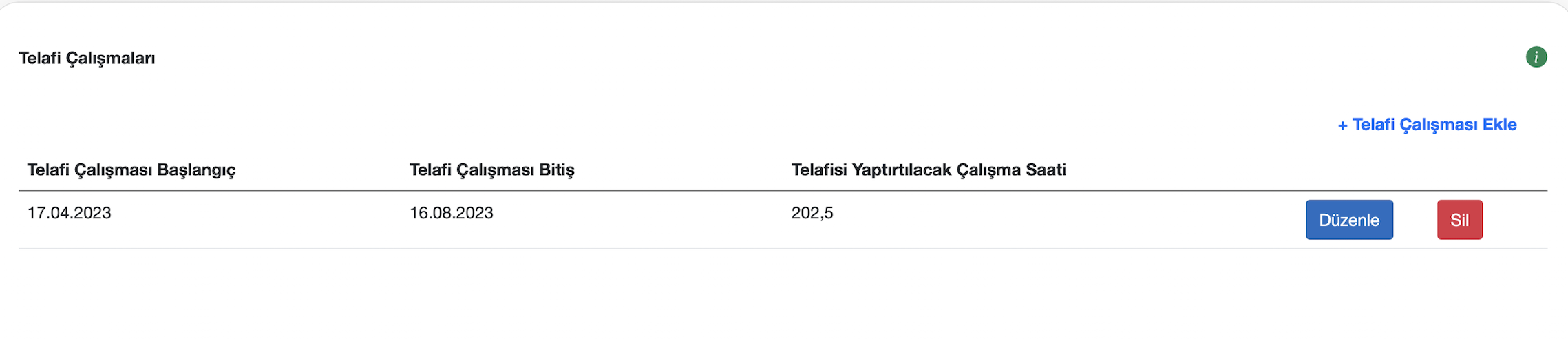 Telafi çalışmaları ekranı