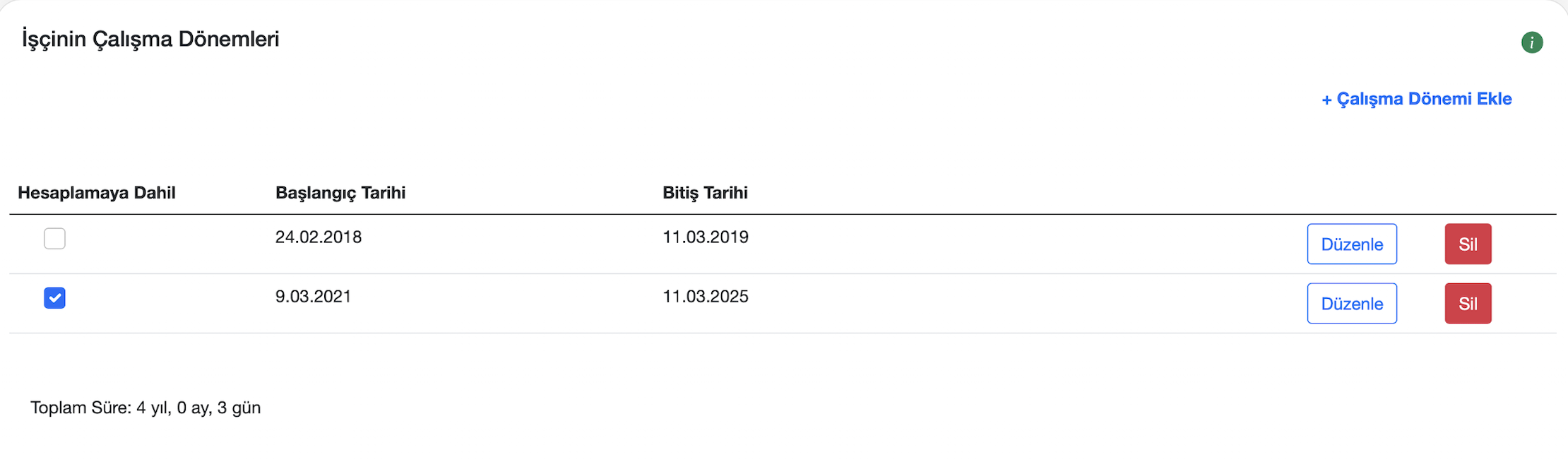 İhbar tazminatı çalışma dönemleri ekranı