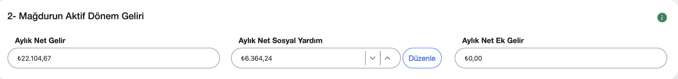 Mağdurun aktif dönem geliri ekranı
