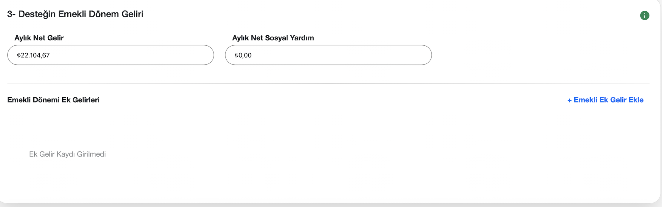 Mağdurun emekli dönem geliri ekranı
