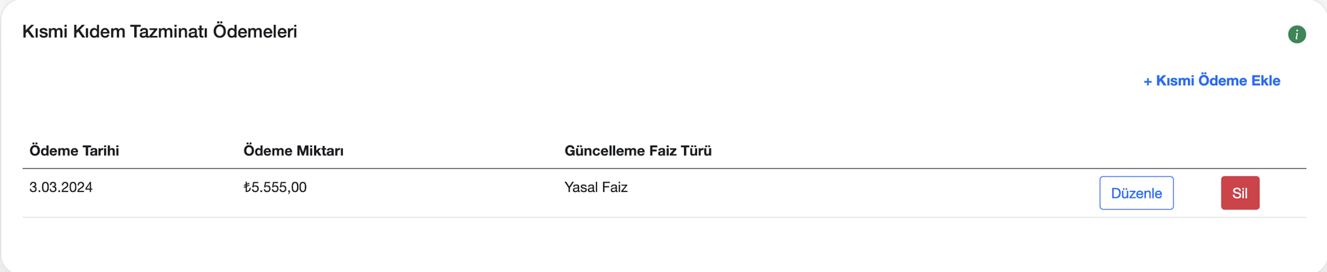 Kısmi kıdem tazminatı ödemeleri ekranı