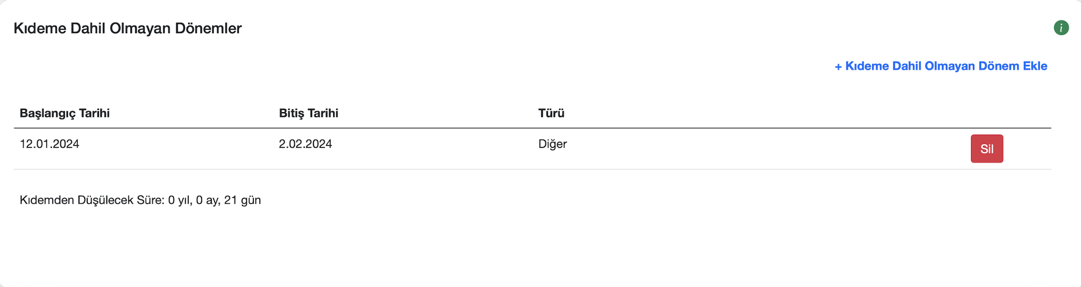 Kıdeme dahil olmayan dönemler ekranı
