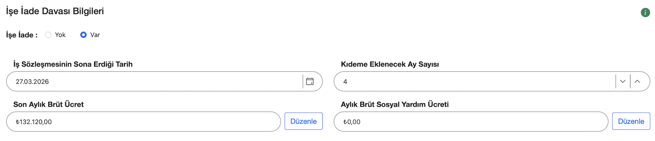 İşe iade davası bilgileri ekranı